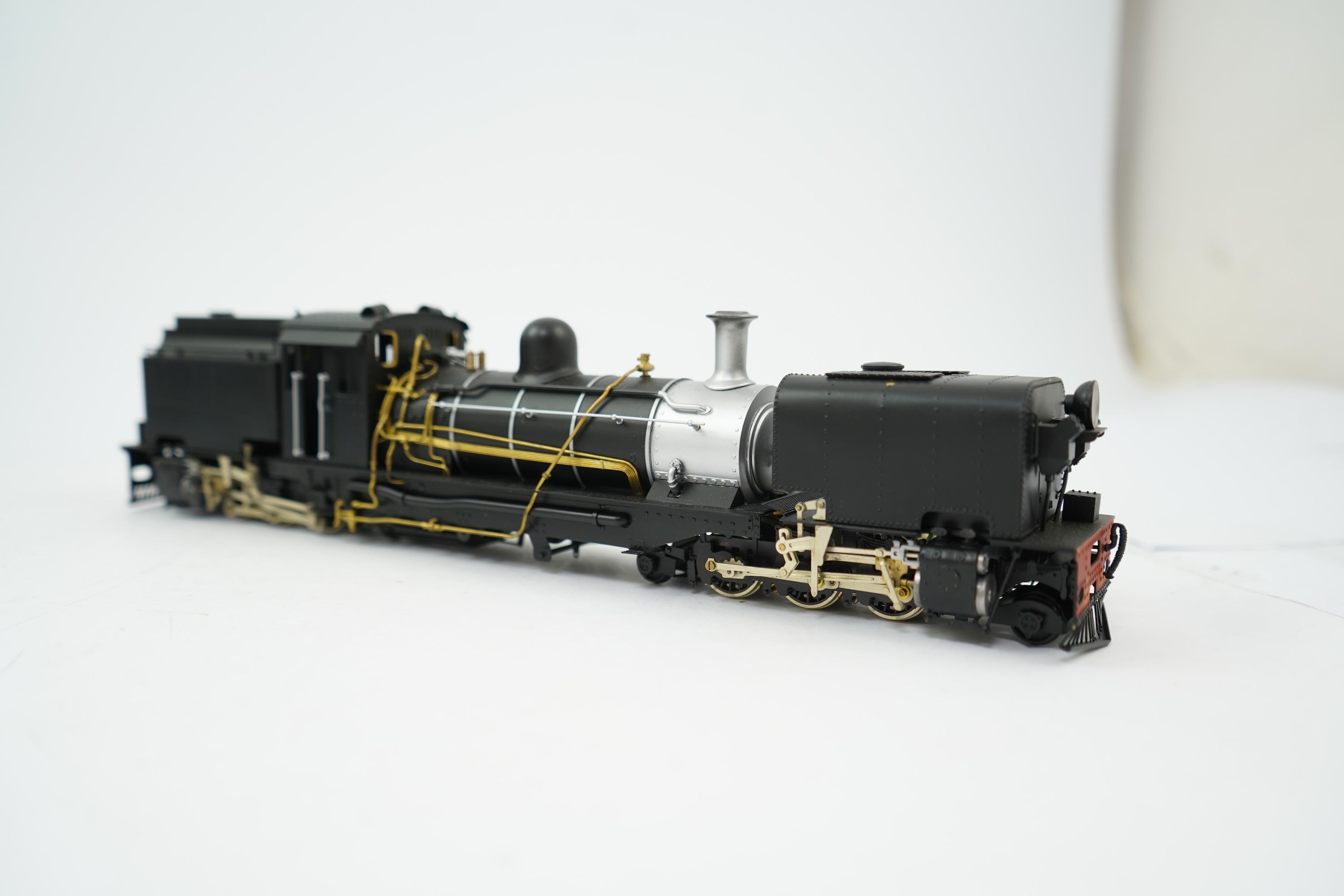 An On30 gauge (1:48 scale) 2-6-2+2-6-2 Beyer-Garratt locomotive, a finely detailed model, of painted brass, etc. construction, running on 00 gauge track and powered for two rail operation